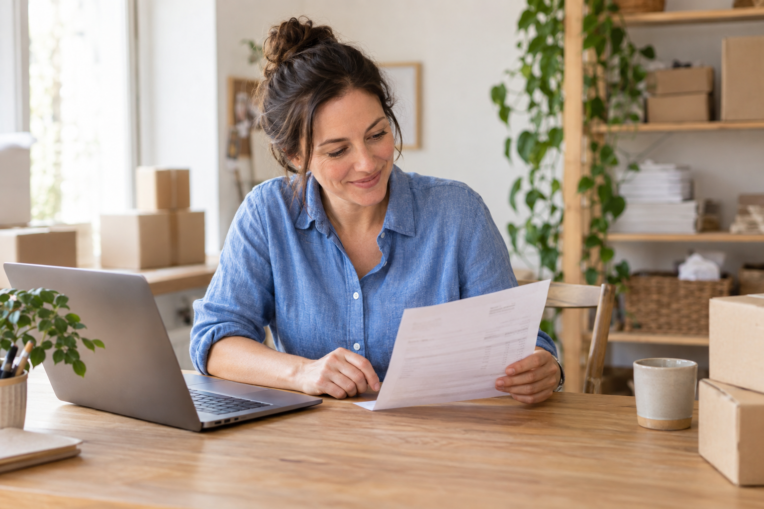 Illustrative scene of an online store owner reviewing paperwork beside her laptop